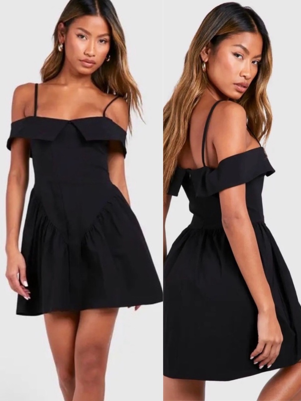 Boohoo Black Milkmaid Mini Dress Cold Shoulder Coquette Dark Academia Size 12